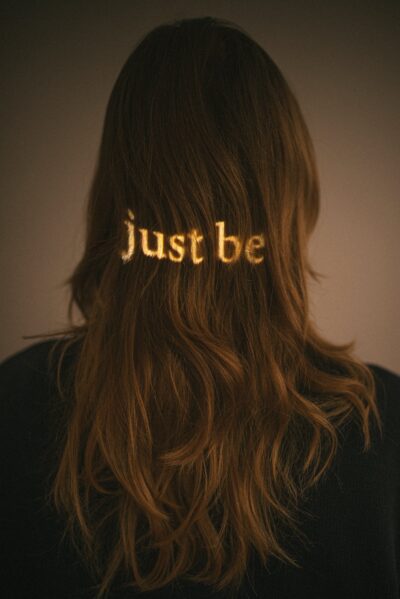 The image of the back of a woman's head. She has long brown hair and "just be" is projected in light across the back of her head. | Living In The Now: A Guide For Practicing Daily Mindfulness | Sugar Magnolia