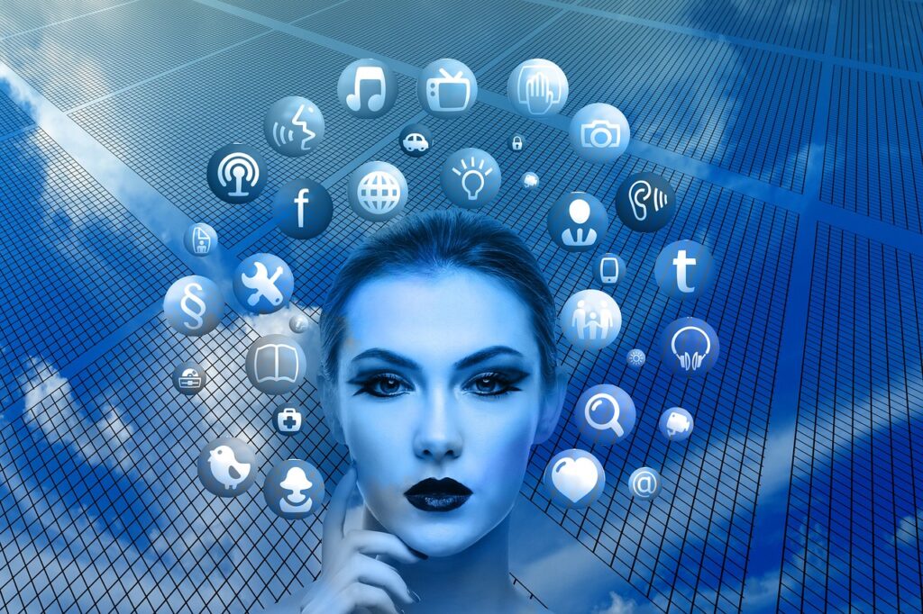 Digital conceptual image of a woman with social media icons surrounding her head, symbolizing online networking and brand promotion.