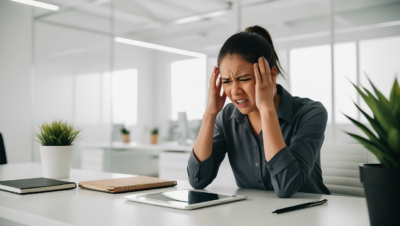Frustrated woman holding her head in an office setting, visibly overwhelmed by stress or anxiety.