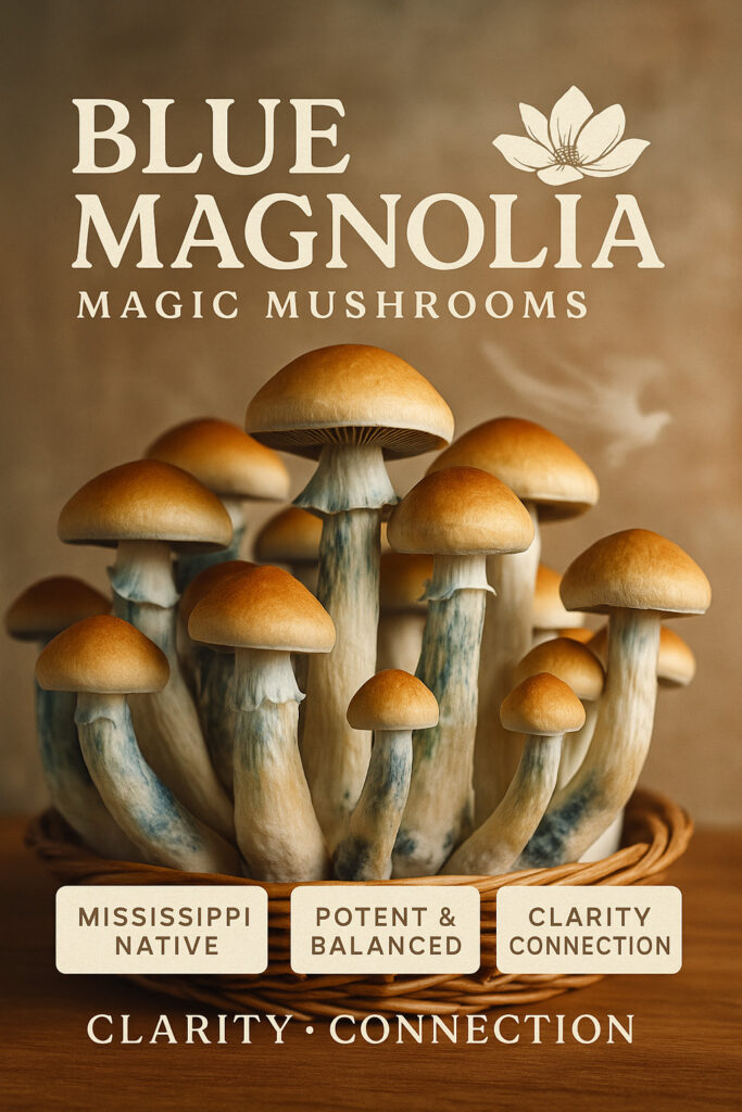 Cluster of Blue Magnolia magic mushrooms with vibrant blue stems and golden caps, symbolizing clarity, connection, and balanced potency.