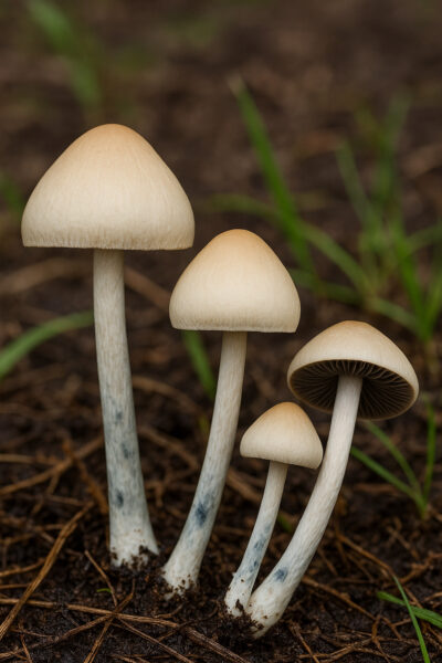 Cluster of Blue Meanies mushrooms (Panaeolus cyanescens) growing on natural forest floor.
