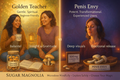 Side-by-side comparison of Golden Teacher and Penis Envy mushrooms, with happy women enjoying Golden Teacher for balanced, social experiences and a meditating woman using Penis Envy for deep visuals and emotional release.