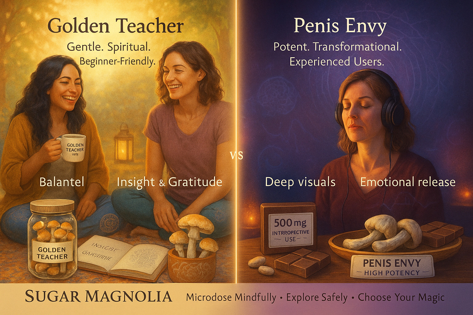 Side-by-side comparison of Golden Teacher and Penis Envy mushrooms, with happy women enjoying Golden Teacher for balanced, social experiences and a meditating woman using Penis Envy for deep visuals and emotional release.