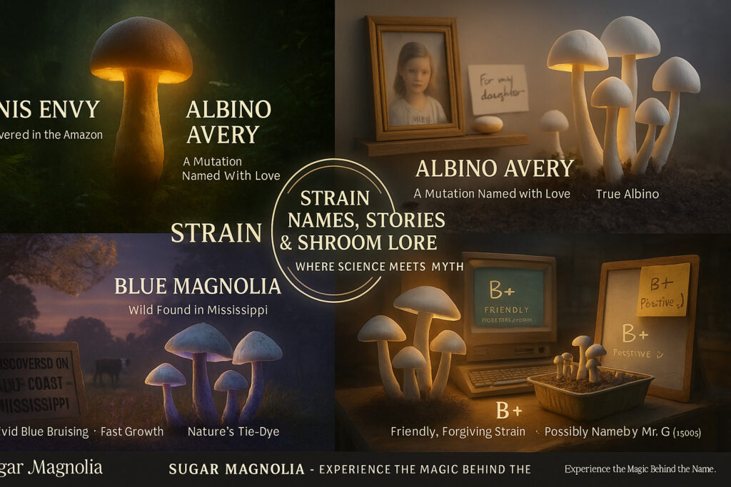Educational infographic showing popular magic mushroom strains: Penis Envy, Albino Avery, Blue Magnolia, B+, with origin stories and unique traits
