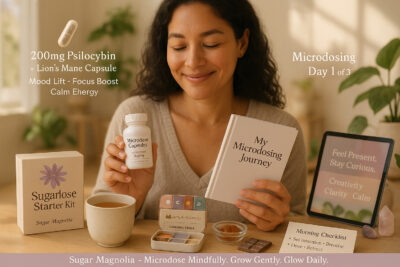 Smiling woman starting her psilocybin microdosing journey with capsules, journal, and starter kit