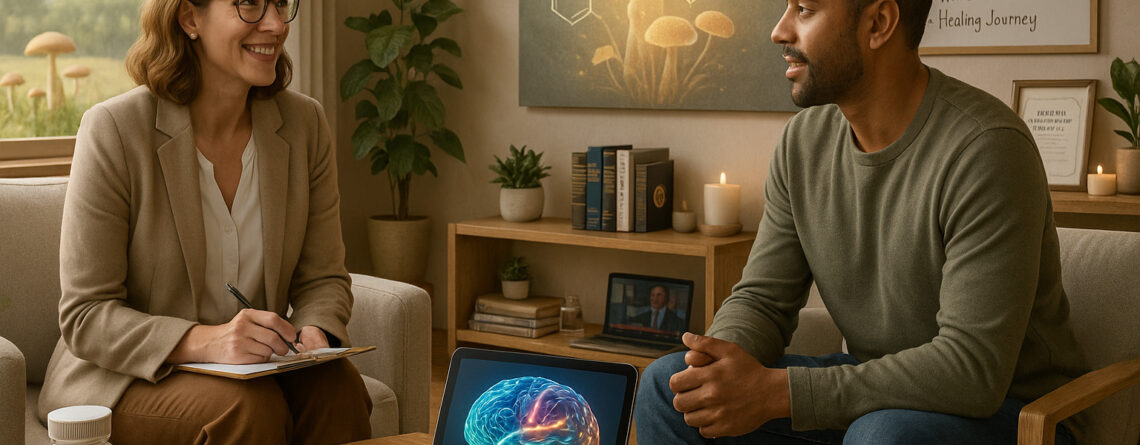 A therapy session focused on psilocybin wellness, with a therapist and client discussing neuroplasticity and anxiety relief, surrounded by educational materials, chocolate edibles, and microdosing capsules.