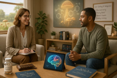 A therapy session focused on psilocybin wellness, with a therapist and client discussing neuroplasticity and anxiety relief, surrounded by educational materials, chocolate edibles, and microdosing capsules.