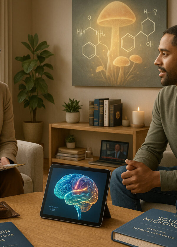 A therapy session focused on psilocybin wellness, with a therapist and client discussing neuroplasticity and anxiety relief, surrounded by educational materials, chocolate edibles, and microdosing capsules.