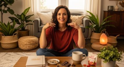 Smiling woman pointing at herself with Sugar Magnolia microdosing products on the table.