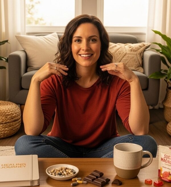 Smiling woman pointing at herself with Sugar Magnolia microdosing products on the table.