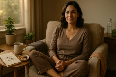 Woman sitting comfortably on an armchair with crossed legs, next to a mood journal, capsules, and herbal tea.