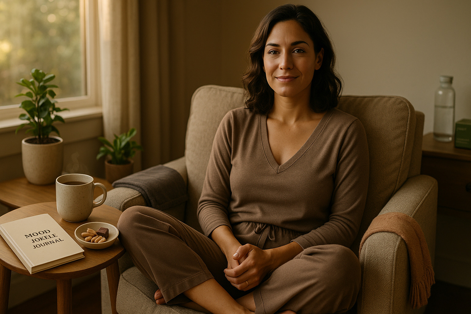 Woman sitting comfortably on an armchair with crossed legs, next to a mood journal, capsules, and herbal tea.