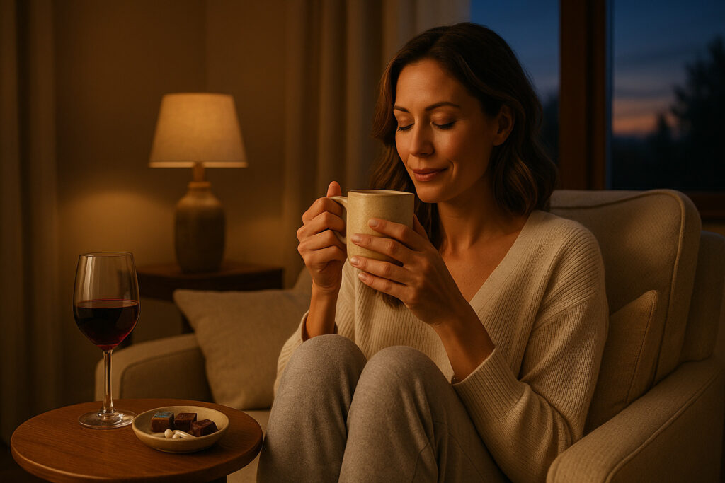 Woman relaxing on a cozy armchair with herbal tea and supplements for PMS relief.