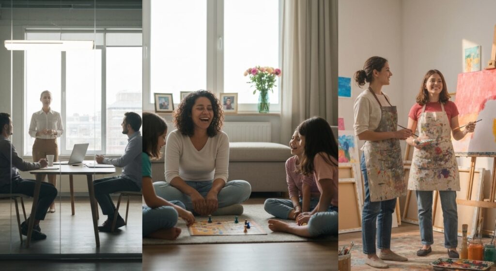 Collage of women overcoming anxiety through connection, creativity, and family moments during microdosing journeys.
