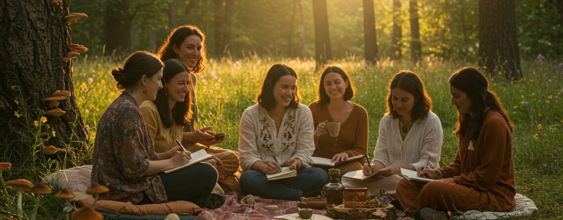 Women sitting in a forest clearing sharing tea and laughter during a microdosing wellness circle.