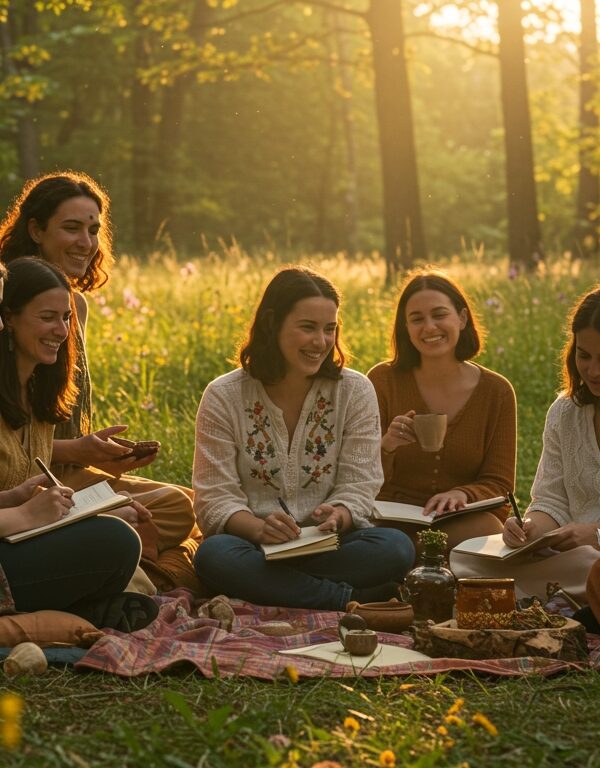 Women sitting in a forest clearing sharing tea and laughter during a microdosing wellness circle.