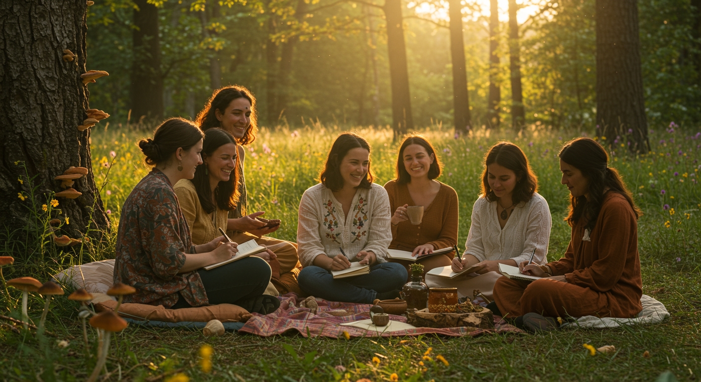 Women sitting in a forest clearing sharing tea and laughter during a microdosing wellness circle.