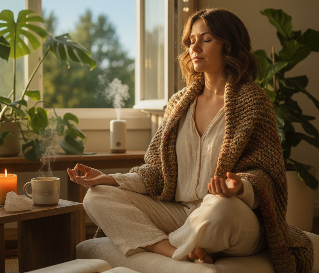 Woman meditating peacefully in a cozy home with warm sunlight, plants, and candles, symbolizing mindfulness and integration after a psychedelic experience