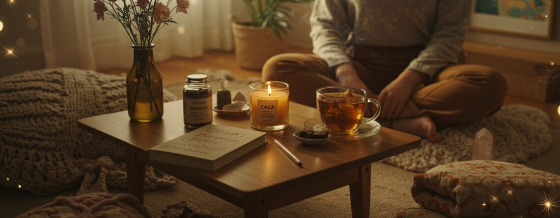 Woman journaling her mushroom journey indoors while others relax in the garden during a wellness integration session.