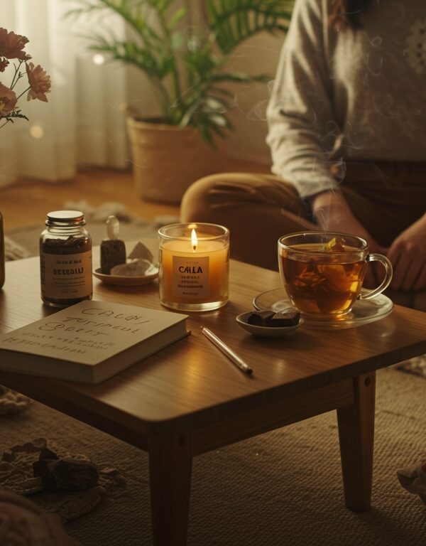 Woman journaling her mushroom journey indoors while others relax in the garden during a wellness integration session.