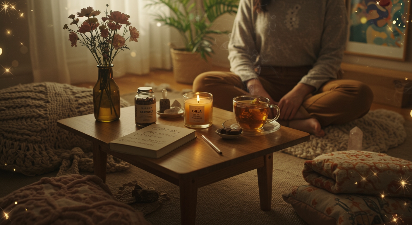 Woman journaling her mushroom journey indoors while others relax in the garden during a wellness integration session.