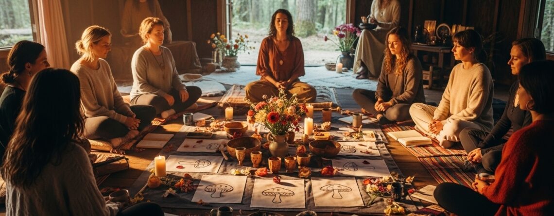 Women gathered in a sacred forest cabin for a guided mushroom ceremony and integration circle.