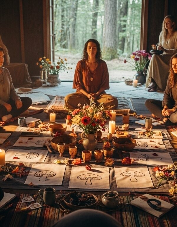 Women gathered in a sacred forest cabin for a guided mushroom ceremony and integration circle.
