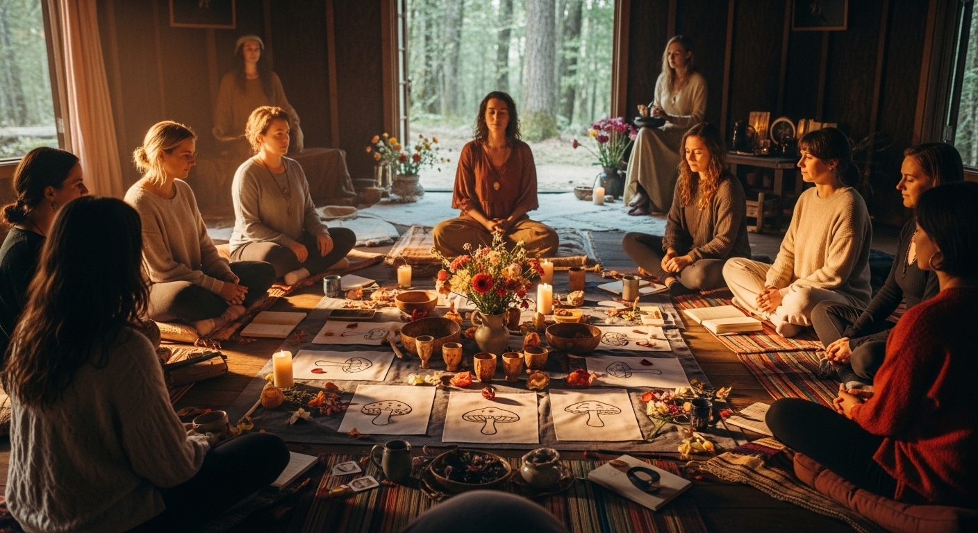 Women gathered in a sacred forest cabin for a guided mushroom ceremony and integration circle.
