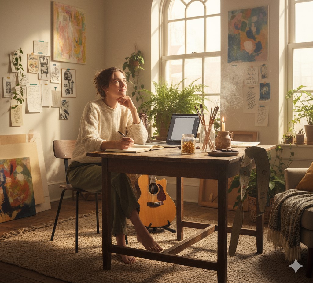 Woman sitting in a cozy art studio with plants and sunlight, writing in a notebook beside a laptop, symbolizing creativity and mindfulness