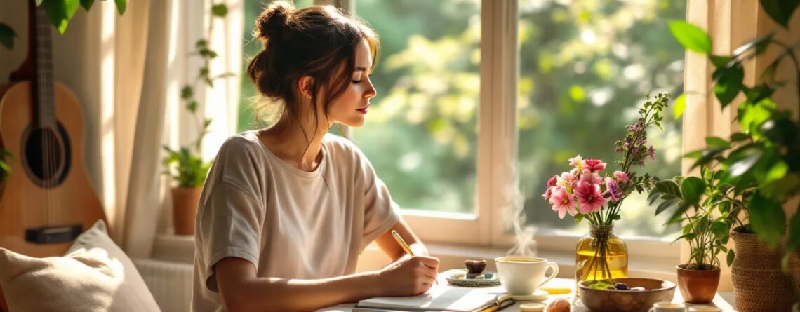 Young woman journaling her psychedelic trip reflections by a sunlit window surrounded by plants and tea.