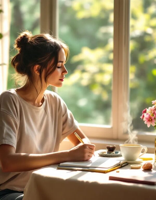 Young woman journaling her psychedelic trip reflections by a sunlit window surrounded by plants and tea.