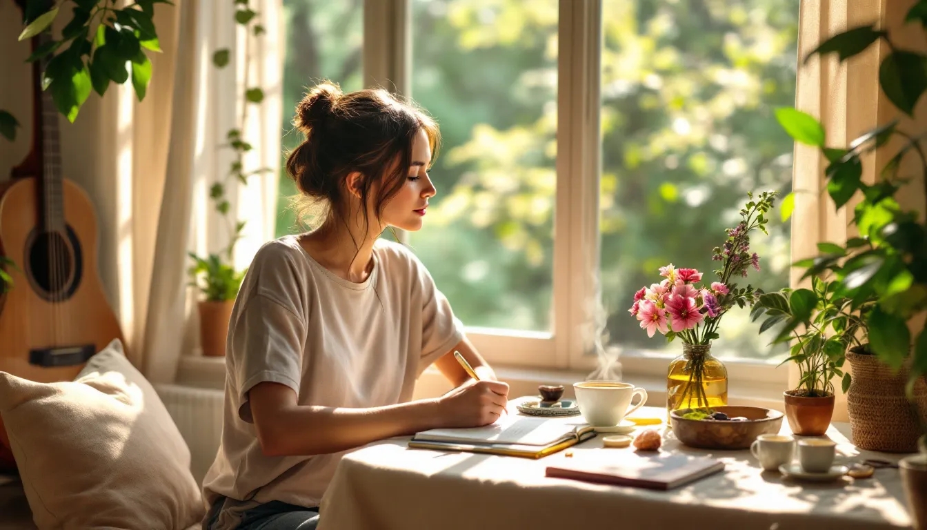 Young woman journaling her psychedelic trip reflections by a sunlit window surrounded by plants and tea.