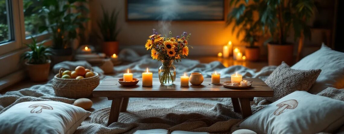 A serene ritual setup with candles, flowers, and mushrooms for a sacred psychedelic ceremony.