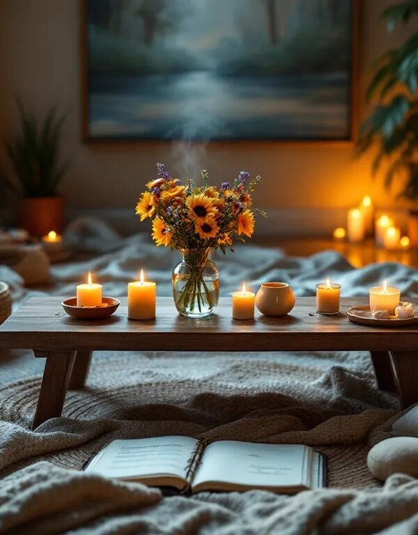 A serene ritual setup with candles, flowers, and mushrooms for a sacred psychedelic ceremony.