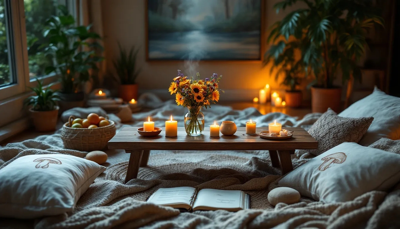 A serene ritual setup with candles, flowers, and mushrooms for a sacred psychedelic ceremony.