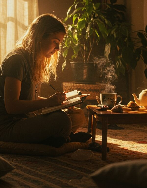 Woman journaling during a psychedelic integration ritual, surrounded by warm sunlight, tea, incense, and spiritual objects in a peaceful living room.