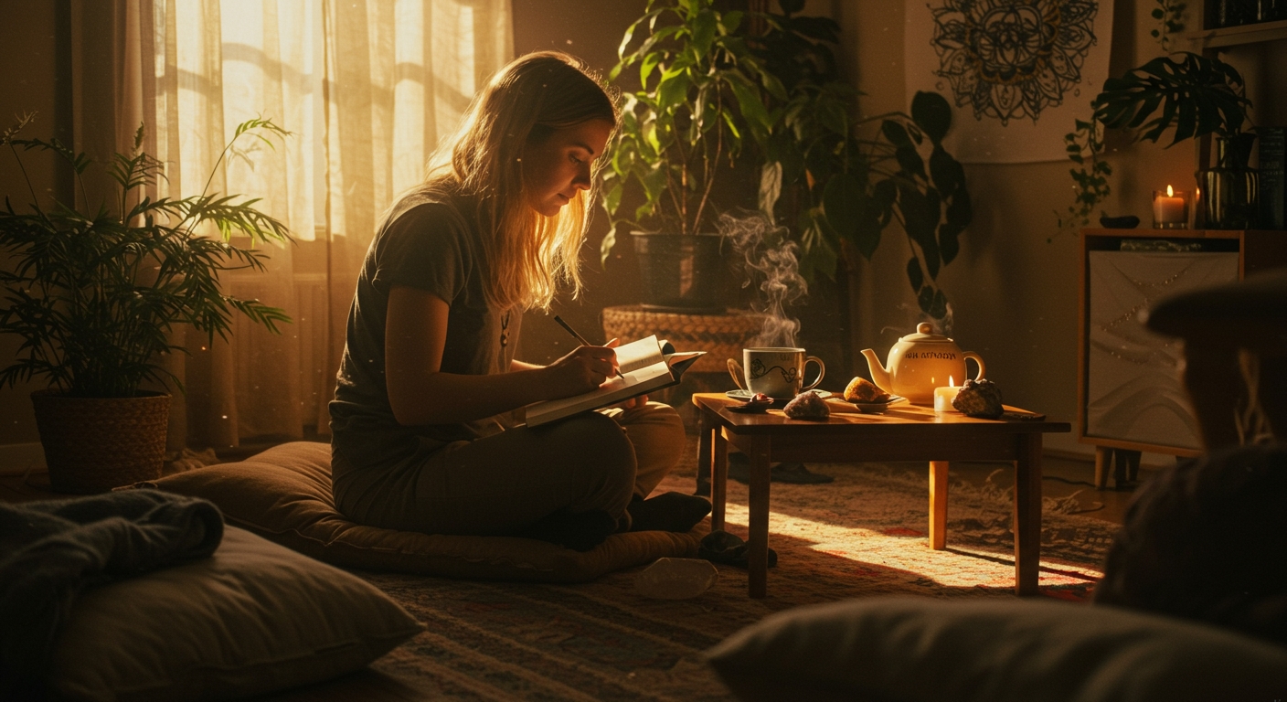 Woman journaling during a psychedelic integration ritual, surrounded by warm sunlight, tea, incense, and spiritual objects in a peaceful living room.