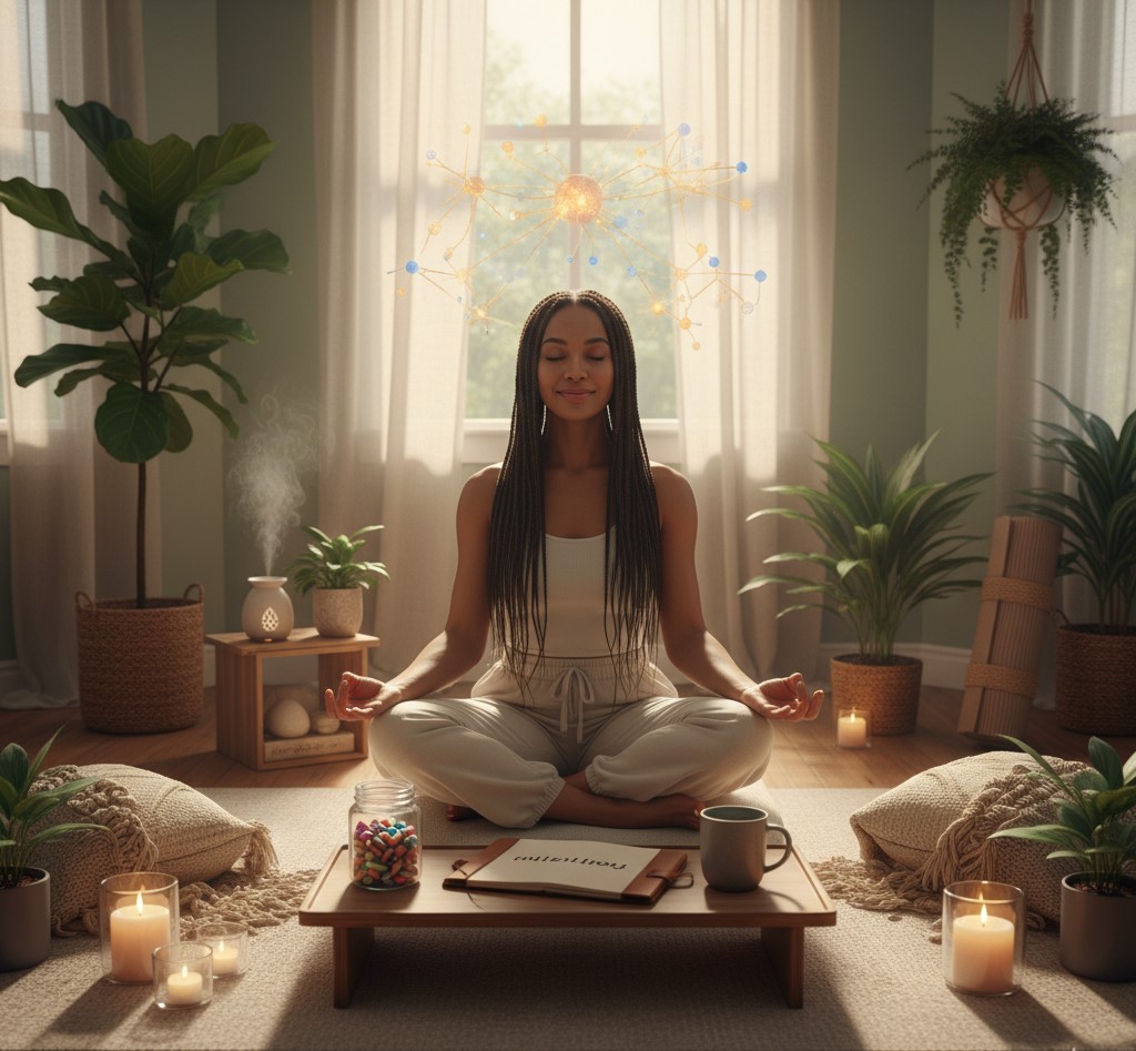 Woman meditating in a peaceful home setting surrounded by plants, candles, and warm light, symbolizing mindfulness and inner balance