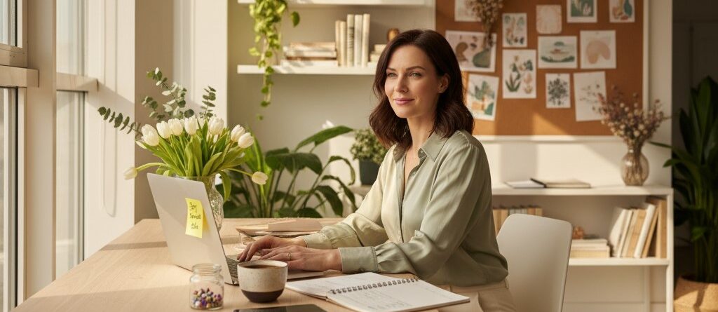 Smiling woman working at a bright home office desk with plants, coffee, and a laptop, symbolizing balance and mindful productivity