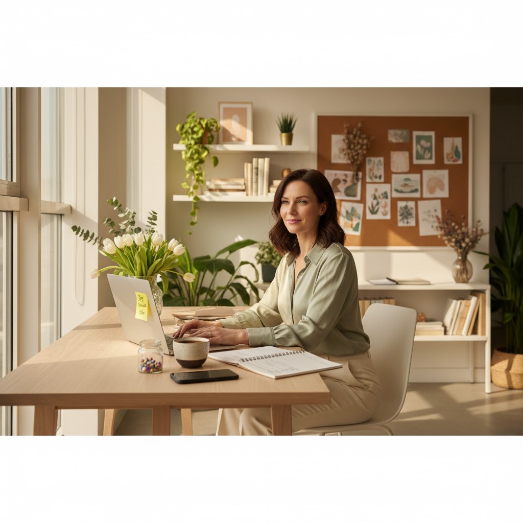 Smiling woman working at a bright home office desk with plants, coffee, and a laptop, symbolizing balance and mindful productivity